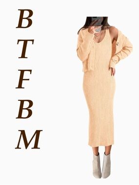BTFBM Women Knit Sweater Dress Set Midi Dress, Cropped Cardigan 2 Piece Set NWT